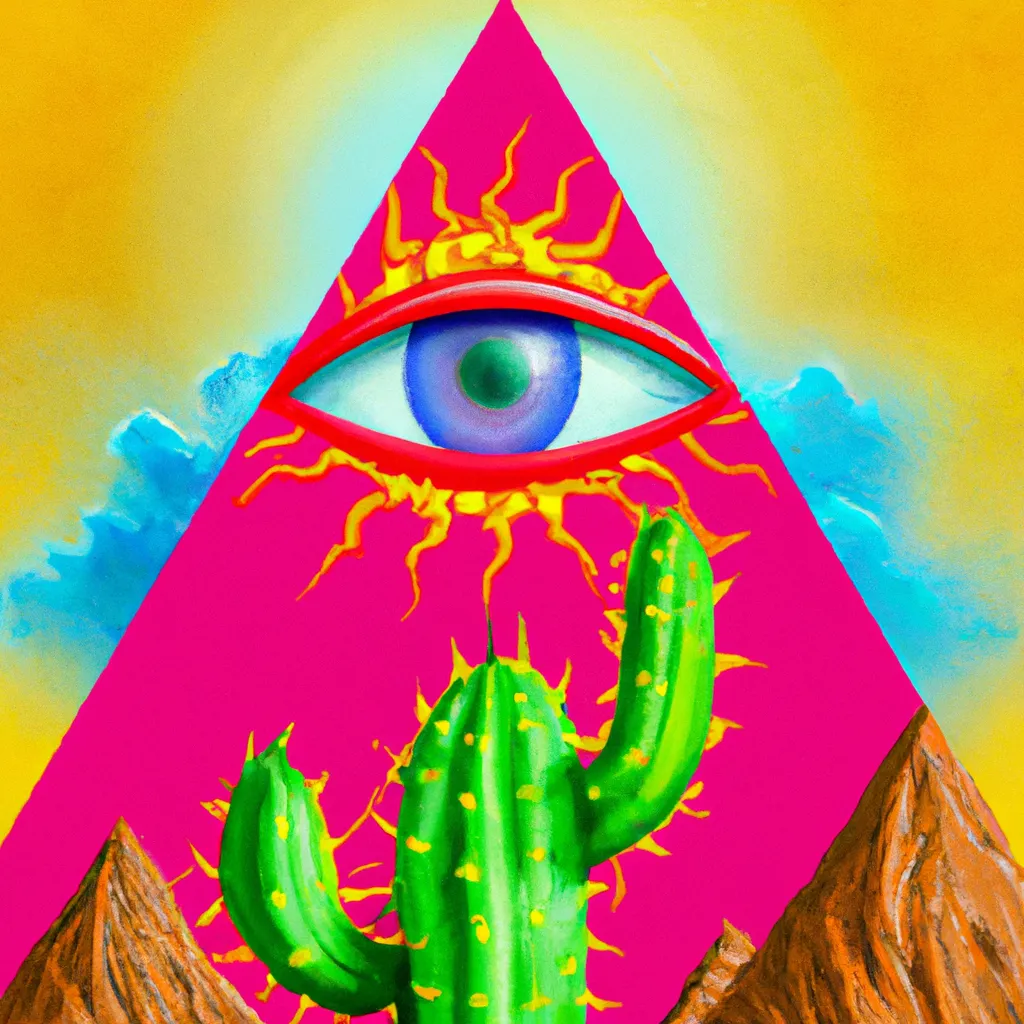 Prompt: third eye illuminati cactus sun desert illustration acid trip poster cgi