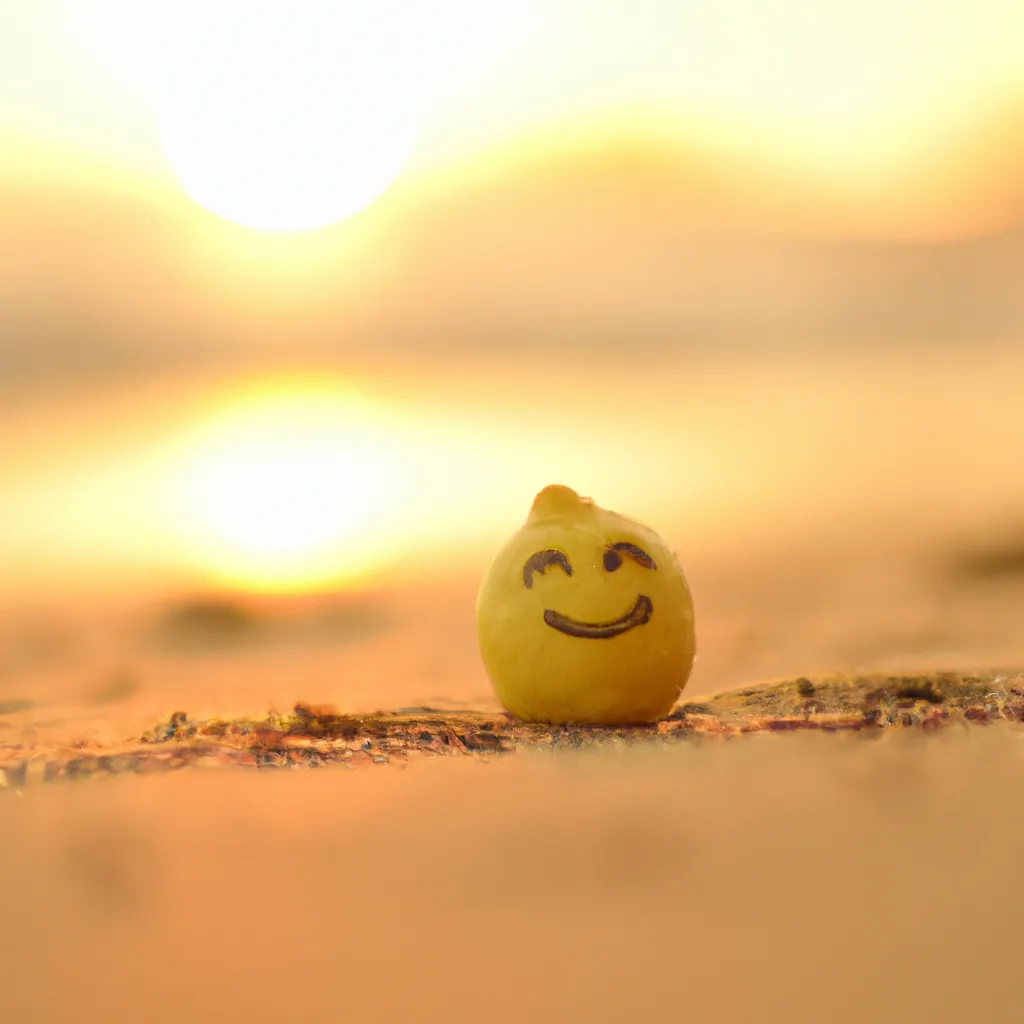 Prompt: A cute lemon smiling, sitting on the beach, bokeh, golden hour
