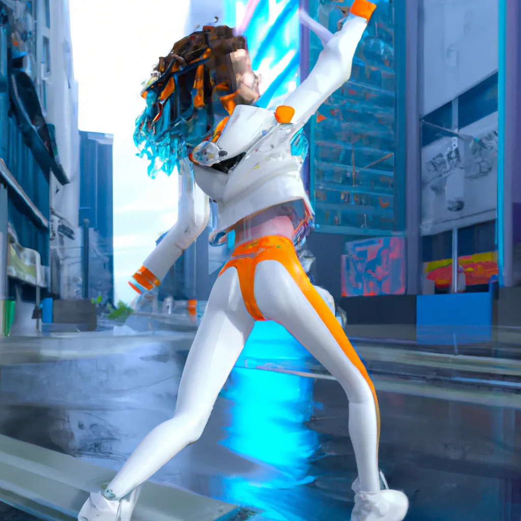 Prompt: Full body 3D realistic Maya Cinema4D UE4 UE5, rainy cyberpunk city in background, Pretty Russian 27 year old woman with turquoise wavy curly chin length hair, white gray orange colored dieselpunk outfit with straps, white solarpunk jacket, hip hop dancing