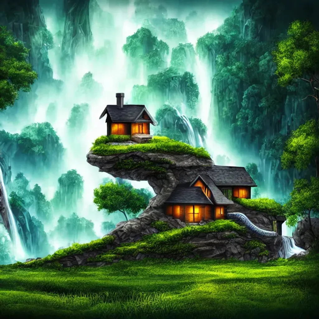 Prompt: House, futuristic, nature, waterfall, lonely soldier, illustration, dragon