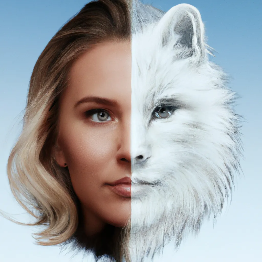 Prompt: A photo of a cute young woman's head combined with a 3D render of a hybrid arctic fox head. Epic film poster style.