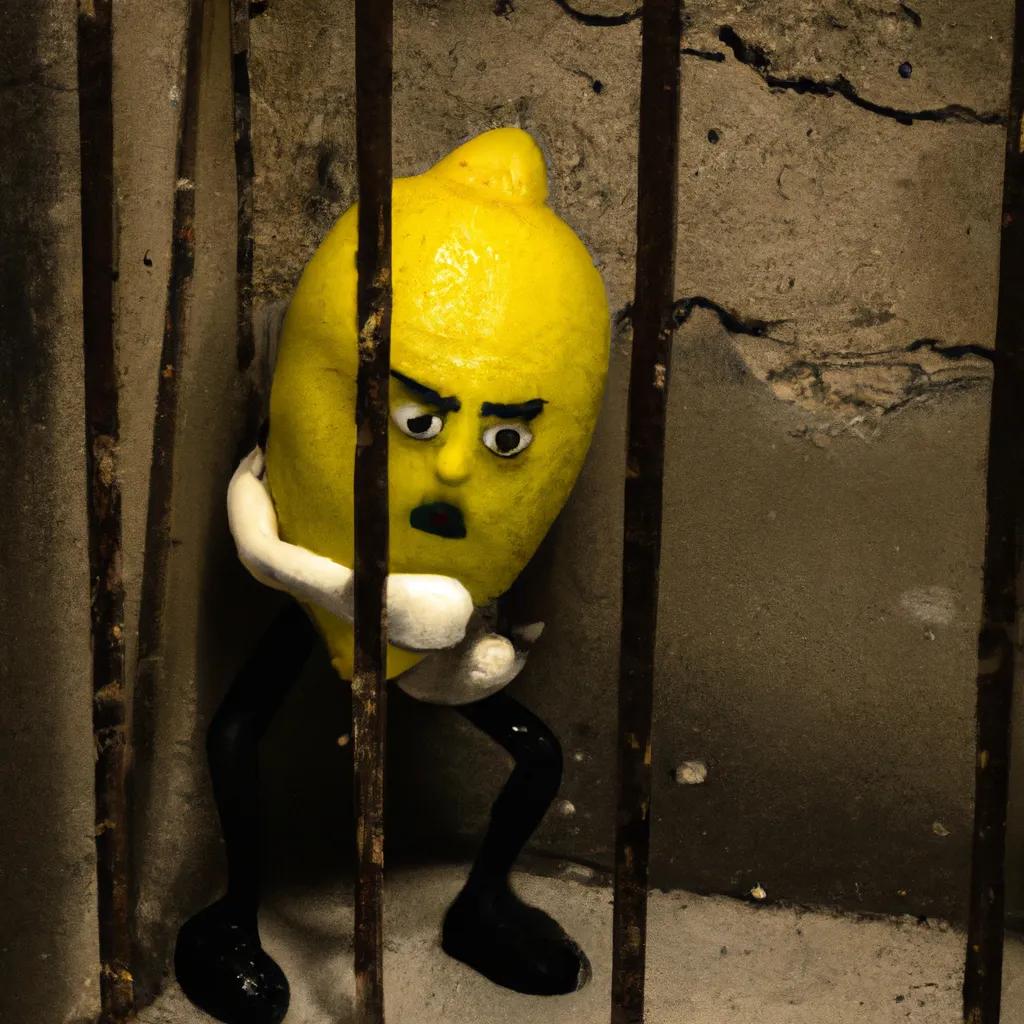 Prompt: A Photo of a Anthropomorphic Lemon In a Police Cell breaking through the wall to freedom, photorealistic, dark, moody, Humanoid Lemon, arrested, Lemon Police, hand cuffed