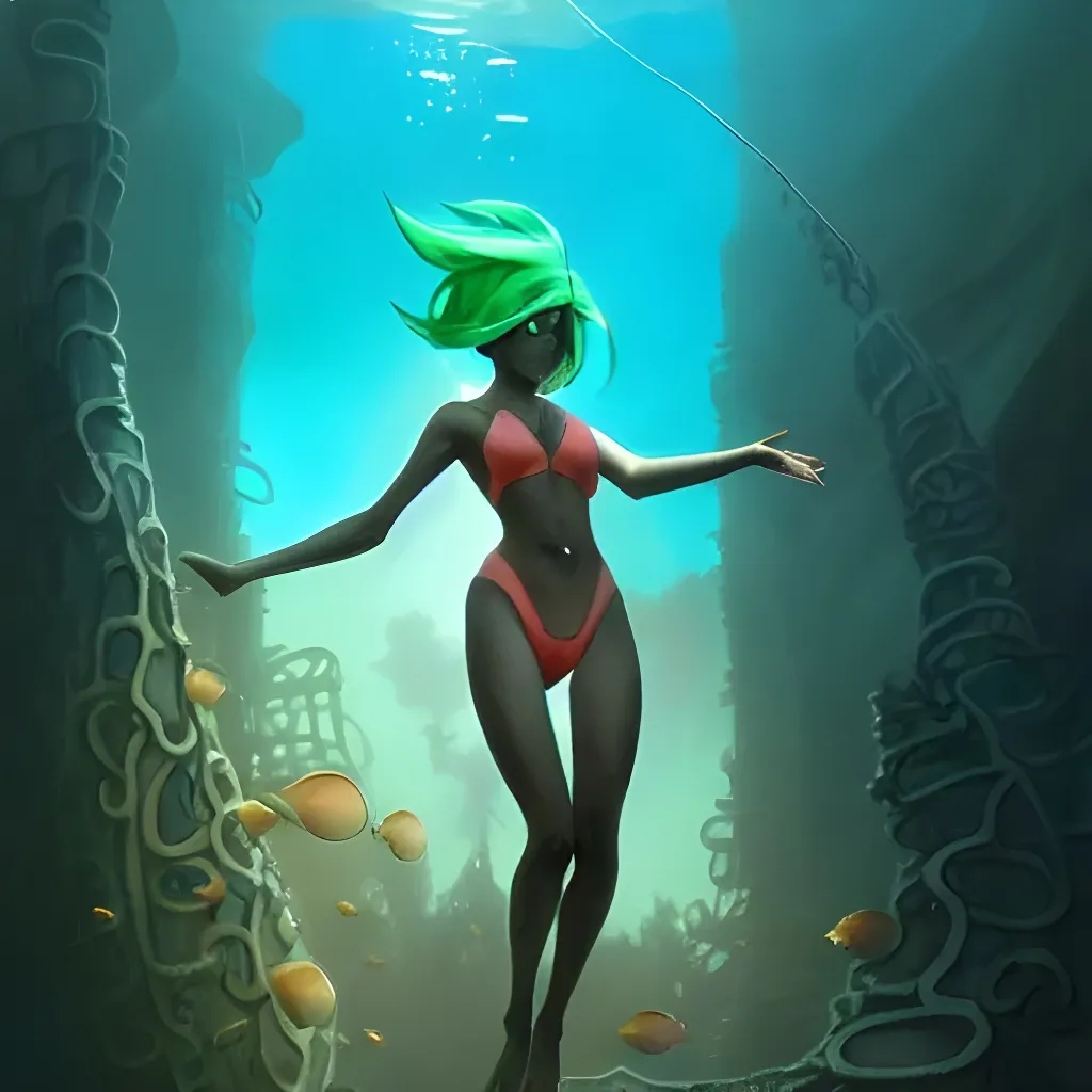 Prompt: cute fish black boy with light green hair exploring underwater in modest kelp swimsuit and anglerfish and coral and underwater city ruins and tunnels. and refracted dim light, complex, fantasy, dramatic, lovecraftian, dramatic, anime, digital art, artstation, smooth, sharp focus, art by artgerm and greg rutkowski and alphonse mucha and h r giger and François Dumoulin and Jonah Lobe and Behance and bioshock