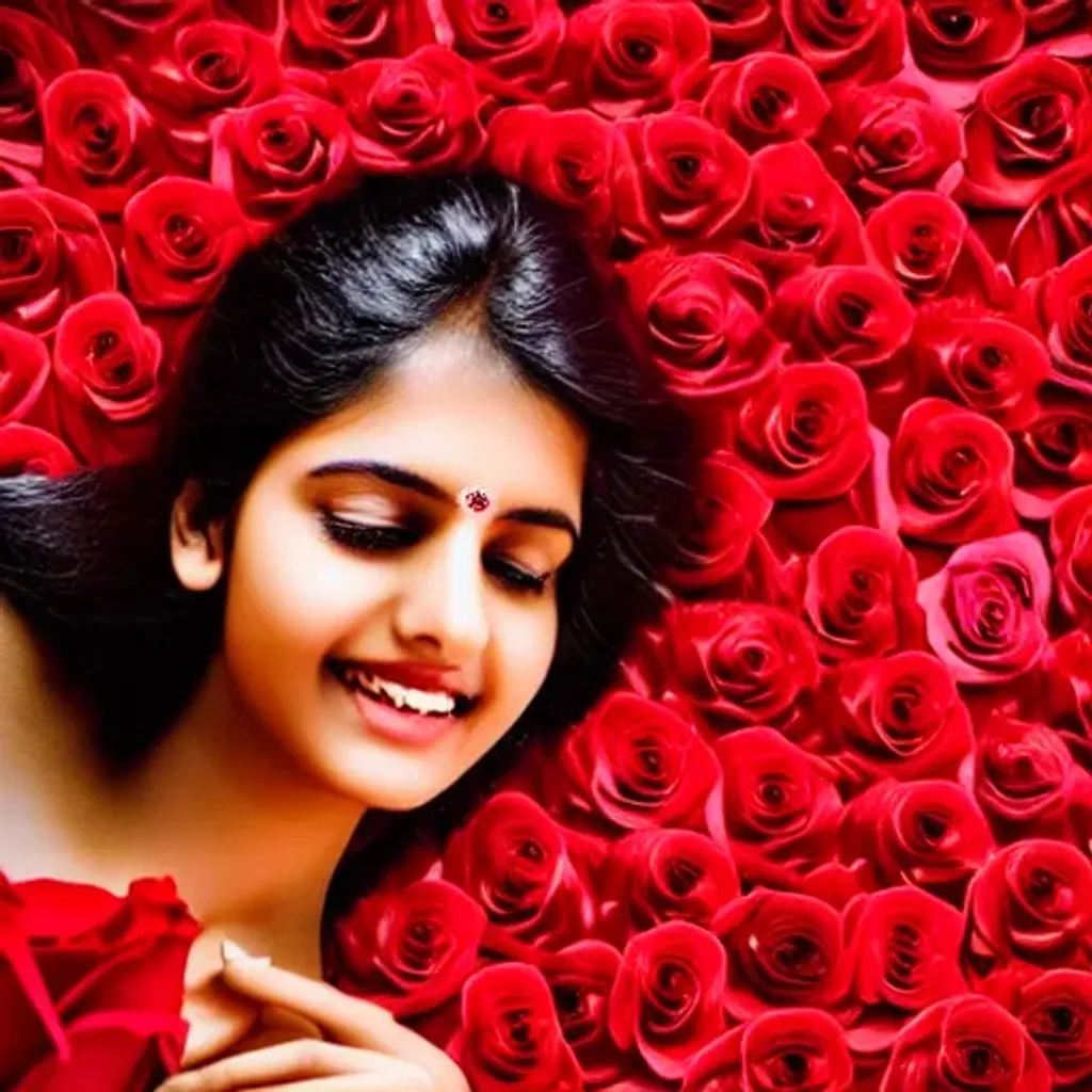 Prompt: Advertisement photoshoot. A beautiful Indian girl is posing with a beautiful red rose flower with stalk. Girl lying on the bed of red roses. Condensation formed on the flower. Photorealistic hyperrealistic close up high speed render. Face must be visible. Beautiful smooth contrast, soft color palette, smooth curves, dark background, beautiful highly detailed droplets, reflections and refractions, dark studio backdrop, Beautiful studio lighting, Nikon Z7, ISO 400, Sigma 85mm f4.5 DG DN, aperture f/11, exposure 1/2000, studio lights, centered face.
