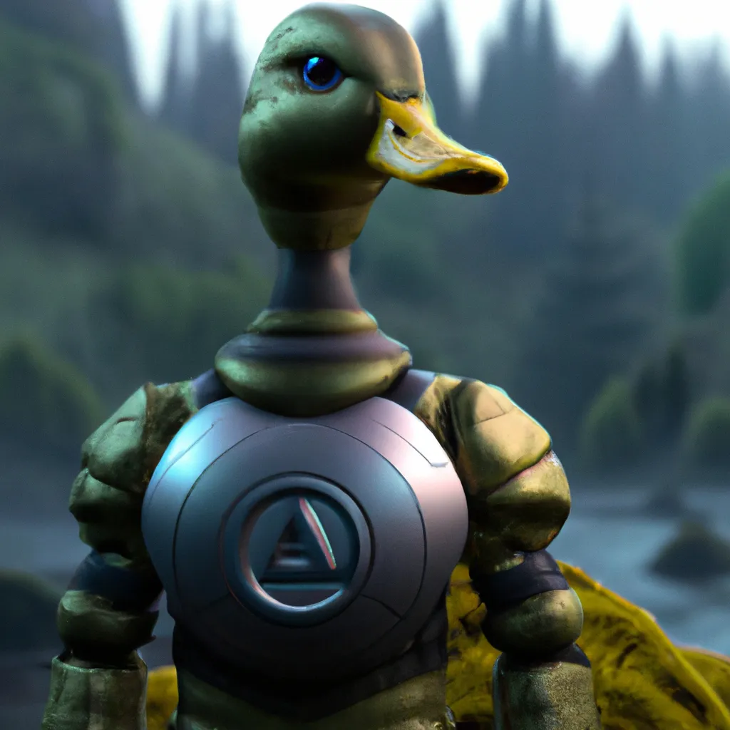 Prompt: Hyperrealistic Portrait of Anthropomorphic Cyber Soldier duck wearing cosmic power armour staning on a rock at a forest, in the style of Warframe and Destiny 2, unreal engine 5, ray tracing x, extremely detailed, cinematic, trending in artstation, HD, HQ, sharp focus, blender, cinema 4d, 