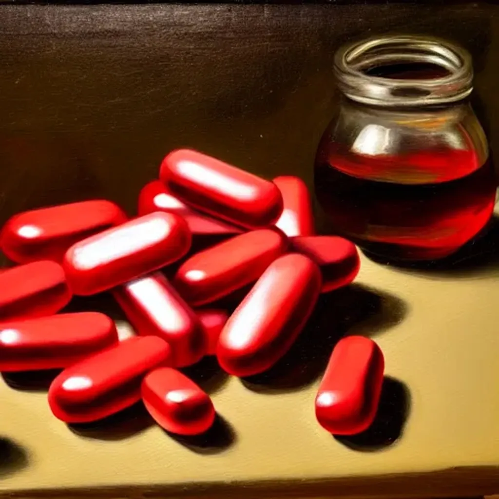 Prompt: A pill pack of red pills in a table of a tavern, oil paint