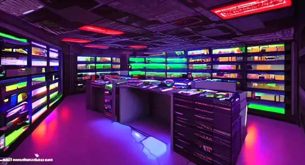 Prompt: cyberpunk y2k 90's computer parts store with dark room, neon lighting, pc part shelfs, workbench, ultra detailed, photorealistic, rgb lighting, screens everywhere