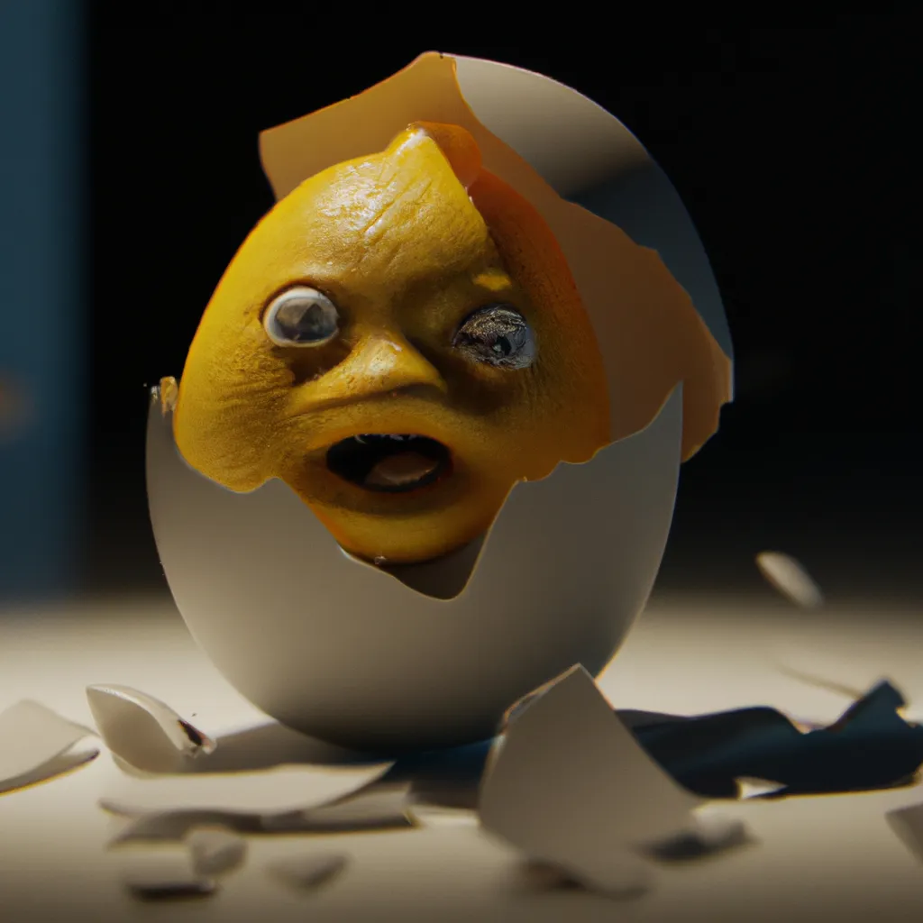 Prompt: close-up of a yellow lemon with a face screaming and angled teeth being hatched from a cracked open egg shell, egg shell cap on top of the lemon, cinematic, octane render,  ray tracing art