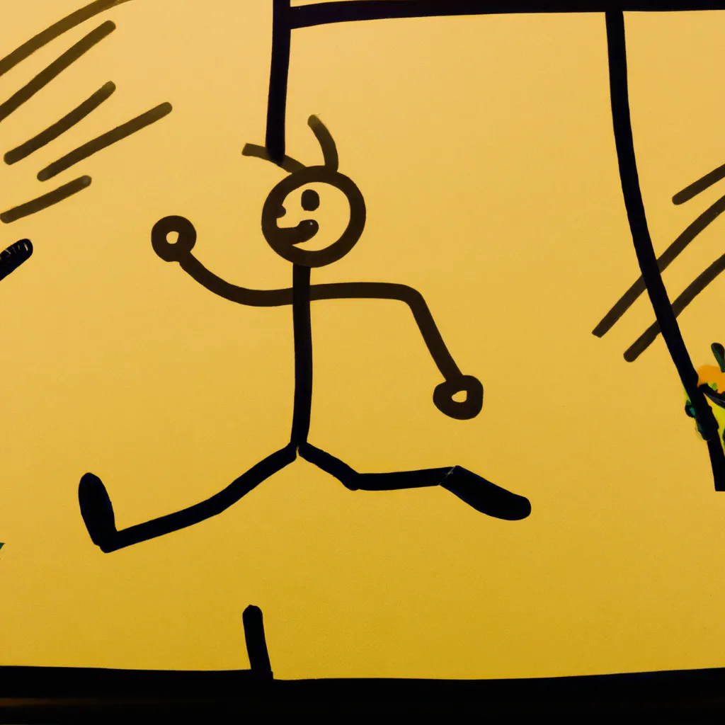 Prompt: a stick figure running in a walmart in a dimly lit area, indoors, with explosions, surprised expression,