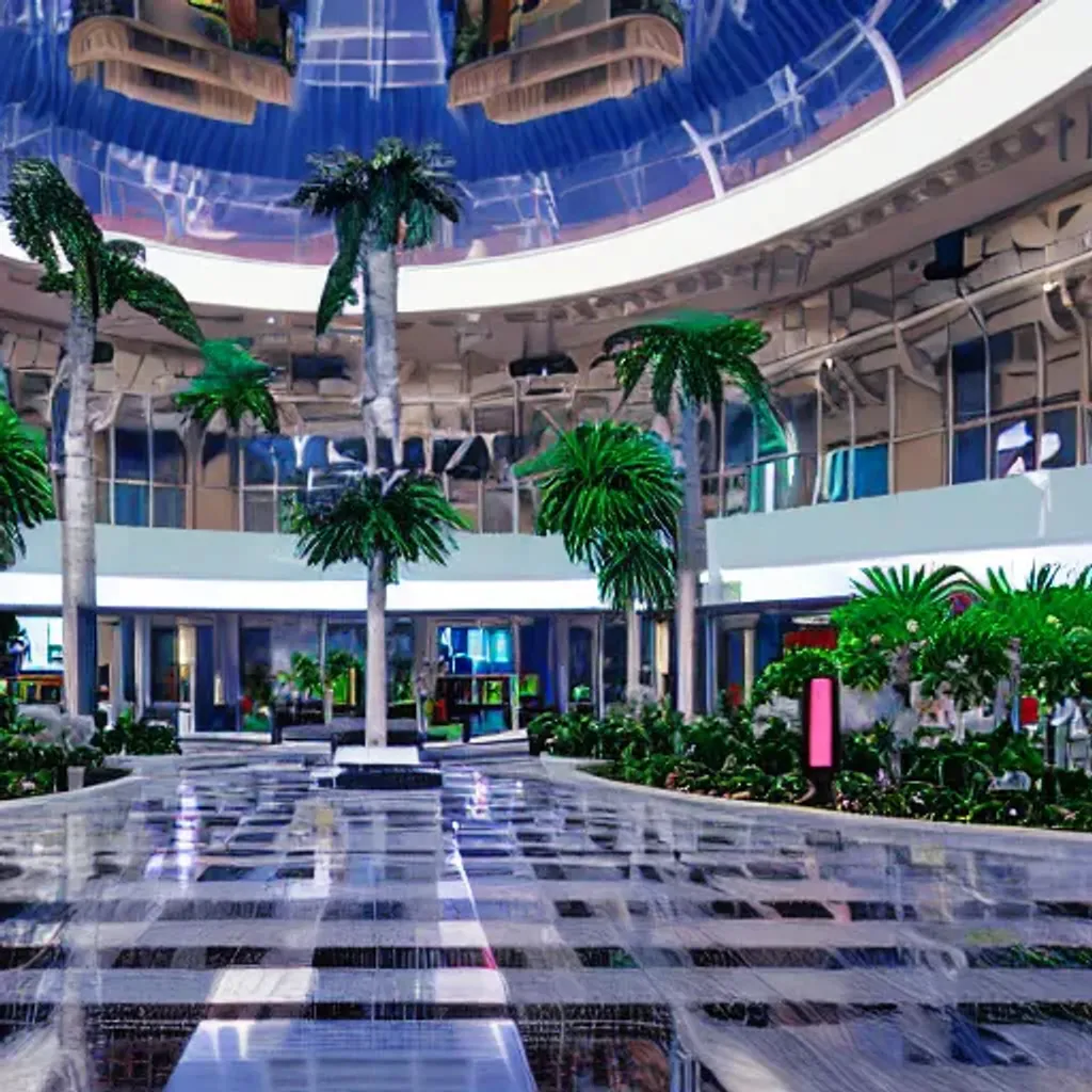 Prompt: vaporwave aesthetic indoor liminal 90s mall with central water feature, columns, checkered floor tiles, palm trees, neon lights, Wide angle shot, 4k octane render, Fuji film, intricate detail, photoreal, cinematic, sublime atmosphere