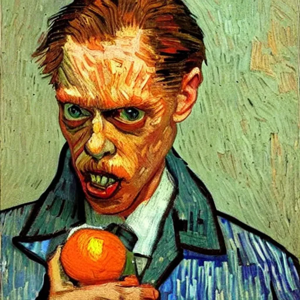 Steve buscemi eating an orange in a vinvent van gogh