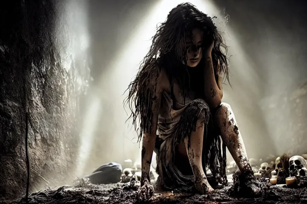 Prompt: picture of a ((young woman hair disheveled face dirty in rags for clothing)) crawling on hands and knees through (a valley full of death) one arm reaching forward on a (((path paved with skulls, bones and rock))), ambient lighting, volumetric lighting, ominous, dark, unreal render, unreal engine 5, octane, smooth, 8k, trending on artstation, art style of greg Rutkowski 