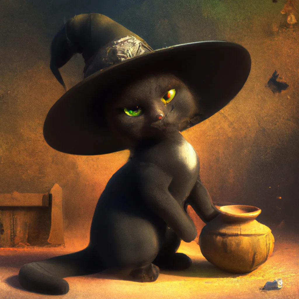 Prompt: Halloween theme. Cute black cat wearing a Halloween witch hat precious moments figurine , digital art, perfect composition, beautiful detailed intricate insanely detailed octane render trending on artstation, 8 k artistic photography, photorealistic concept art, soft natural volumetric cinematic perfect light, chiaroscuro, award winning photograph, masterpiece, oil on canvas, raphael, caravaggio, beeple, beksinski, giger! Vanasthali 