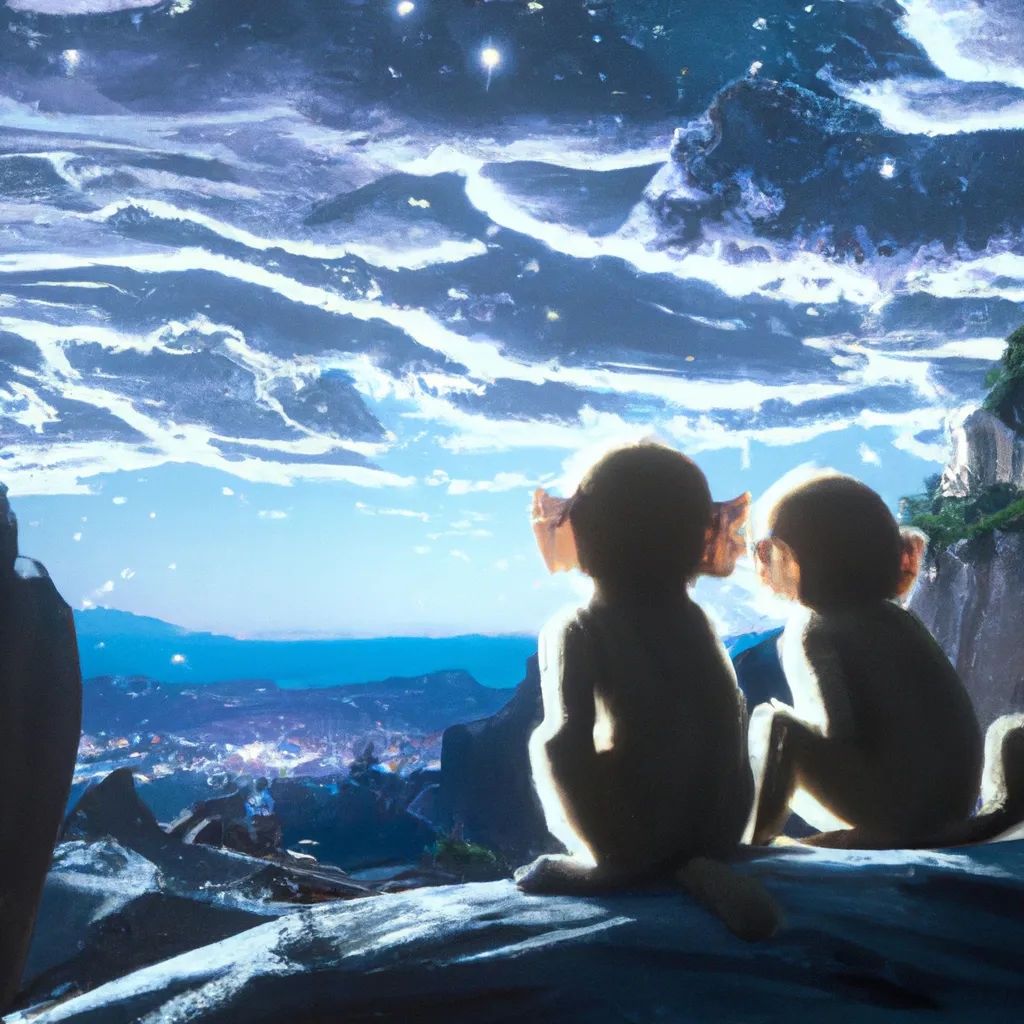 Prompt: Monkeys looking at outer space, extremely beautiful and scenic still from an anime by makoto shinkai, highly detailed