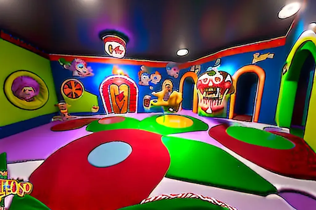 Prompt: a realistic 8K high definition paneramic of the "Nostalgic Funhouse" level in a virtual environment. The funhouse is depicted as having a colorful, cartoonish appearance, but with disturbing and nightmarish elements. The environment includes an infinite soft play area with bouncy castles and tube slides, as well as an open tunnel. The style is described as being " horrifying, hellish, colorful, liminal, unsettling,  nostalgic, nightmarish ,abnormal, abandoned, random, demonic, endless, apocalyptic  " with influences of abstract expressionism and parallax. The overall look is meant to be hyper realistic and captured in 8K high definition.