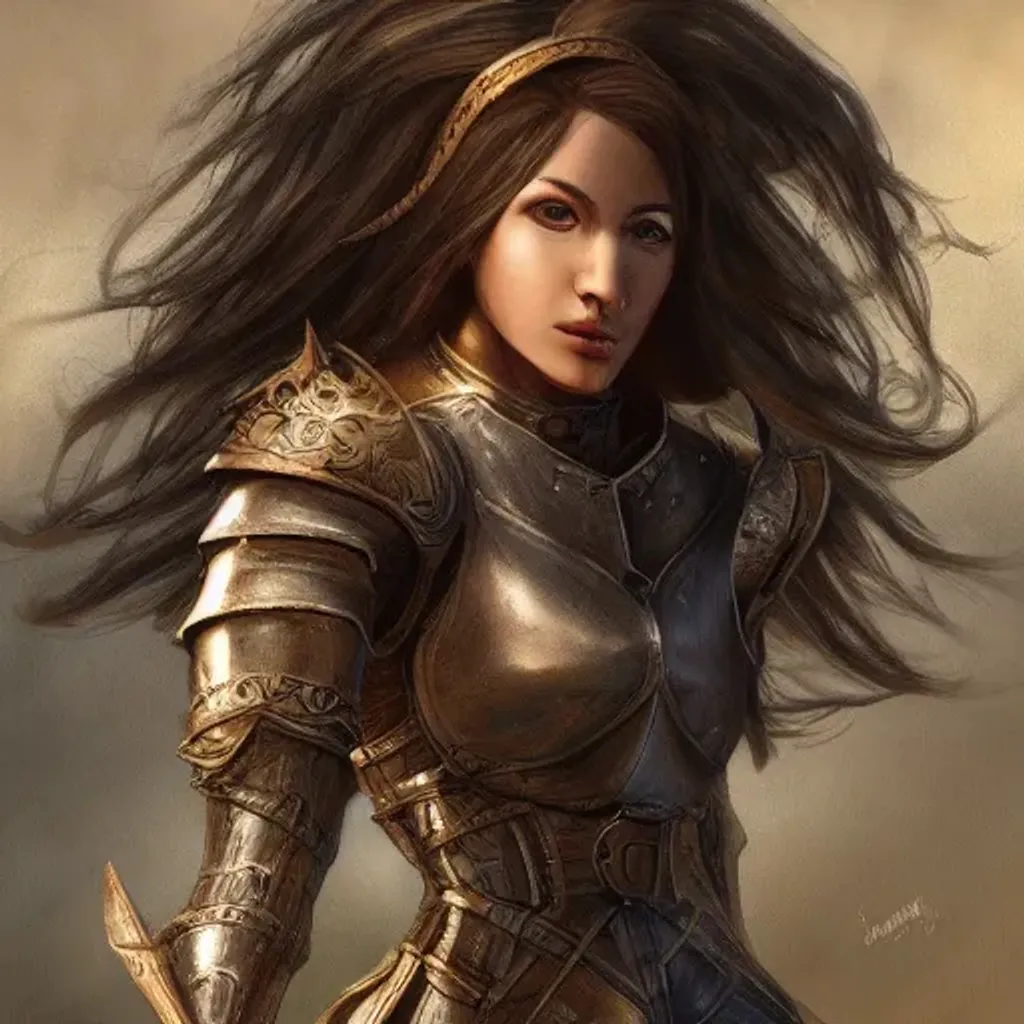 Prompt: Professional image of a female Knight, long hair, complex, fantasy, dramatic, orherworldly, fea element, intricate, digital painting, artstation, smooth, sharp focus, illustration, ancient, detailed body shape, ancient buildings background, highly historical, detailed face,