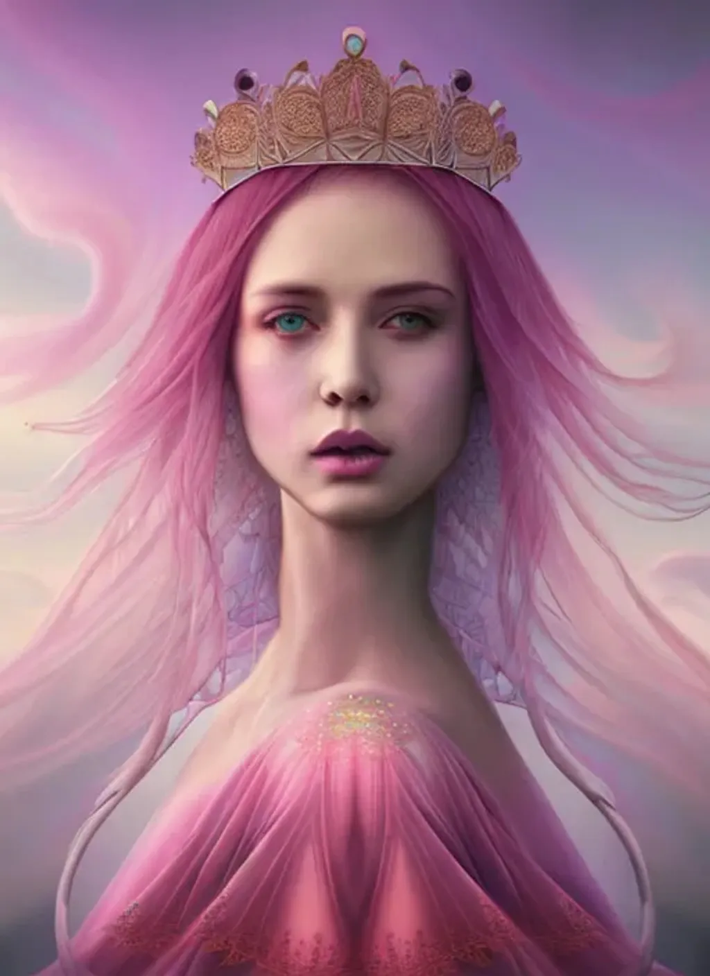 Prompt: "Queen of pink cotton candy", Insanely Detailed, Intricate dress, Beautiful Face, Artgerm, WLOP, tom bagshaw, magali villenueve; Photograph Taken on Nikon D750, Intricate, Elegant, Digital Illustration, Scenic, Hyper-Realistic, Hyper-Detailed, 16k, no watermark, ethereal sun rays iridescent beautiful colorful ethereal auroracore vaporwave