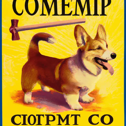 Prompt: Soviet propaganda poster featuring a corgi holding a hammer