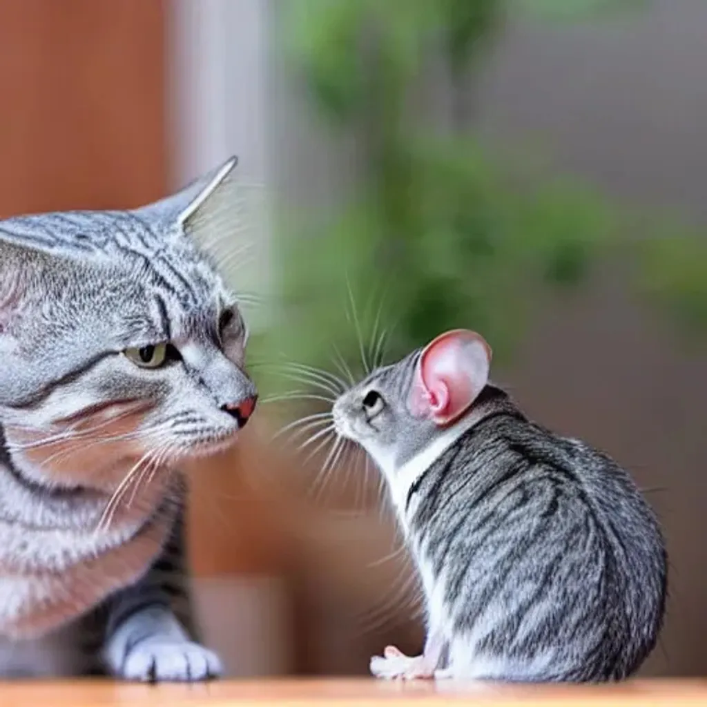 Prompt: a grey tabby cat is surprised by a tabby mouse
