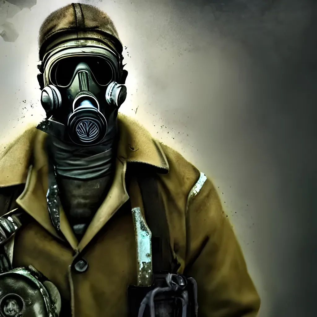 Prompt: Male Survivor wearing a gas mask,a backpack and a trench coat roaming around a post apocalyptic dystopian rotting wasteland, Stalker,fallout 3, chernobyl, radiation, extreme long shot, HD quality, paint, by HR Giger