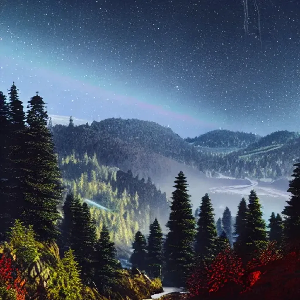 Prompt: A river valley at night, mountains on both sides, river sparkling rainbow colors, evergreens on mountain slopes, day time, mixed media, sharp focus, hyper detailed, intense, beautiful, stunning, intricate, octane render, 