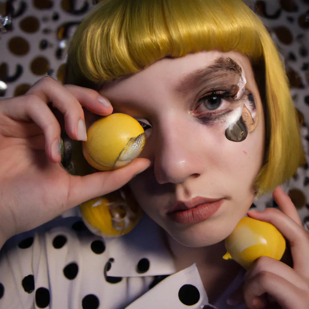 Prompt: closeup portrait photo of a model with yellow & white polka dot hair, holding lemons next to her eyeballs, for a baenciaga photo shoot, gold patterned background, studio lighting, photo realistic, 16k, in the style of vogue, nostalgic, dreamcore, dark