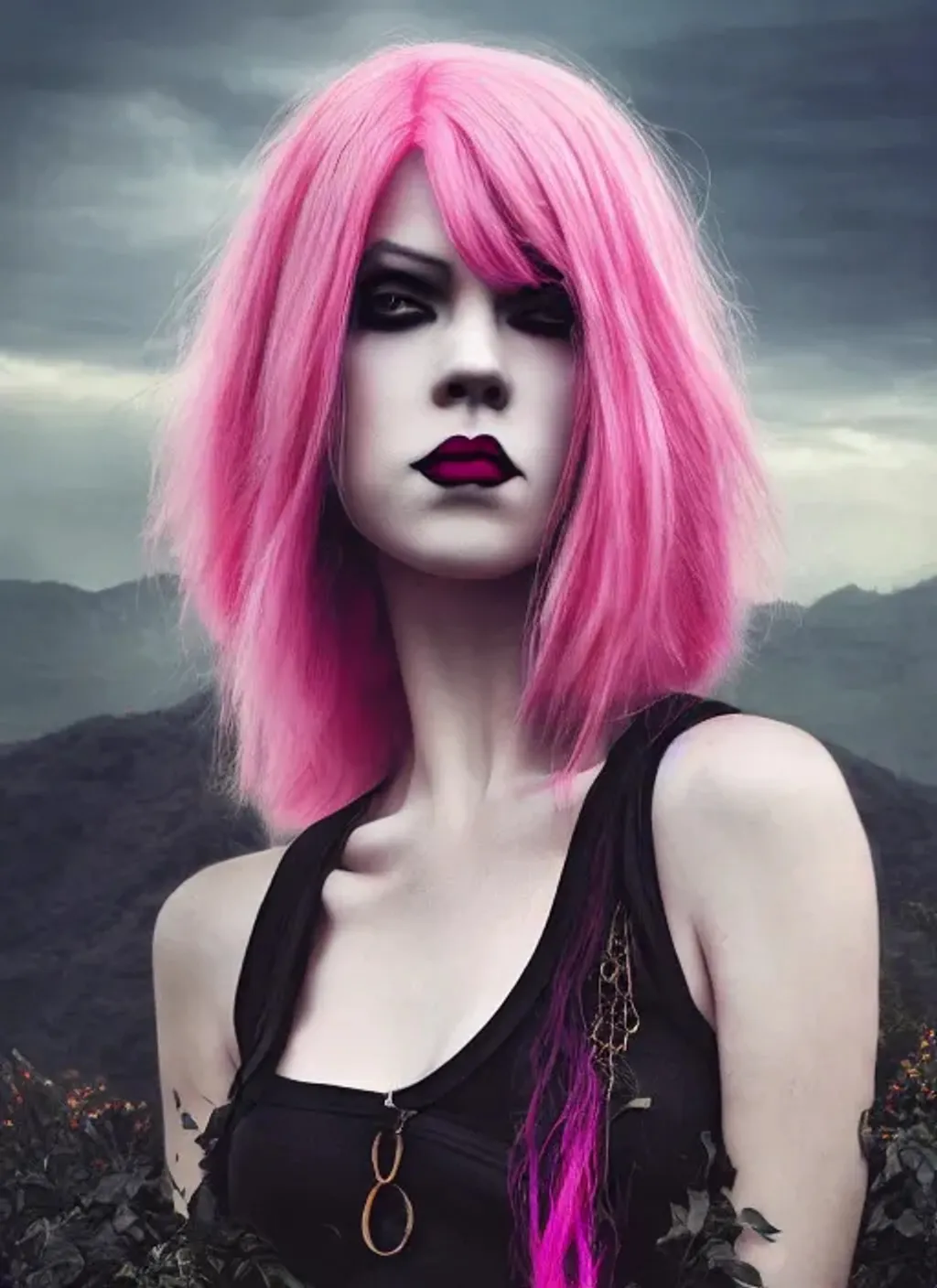 Prompt: photo of gothic woman with pink hair, centered, scenic background, perfect composition, golden ratio, hyperrealistic, photorealism, 85mm lens, super detailed, 32k, high quality, trending on artstation, sharp focus, studio lighting, intricate details, hyperdetailed photography by greg rutkowski, dino tomic, artgerm