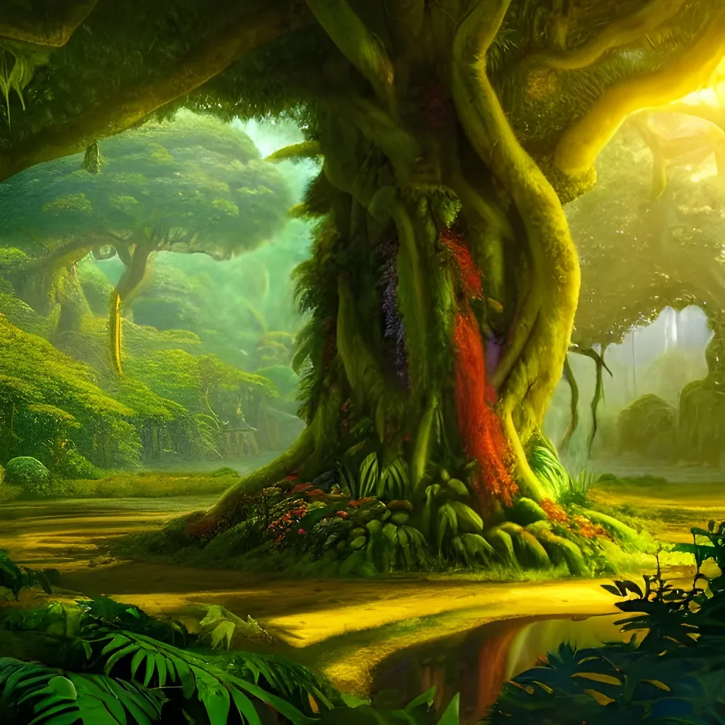 Prompt: a painting of a tree in the middle of a forest, a detailed matte painting, by Michael James Smith, in the jungle. bloom, photograph of enchanted garden, widescreen shot, warcraft artwork