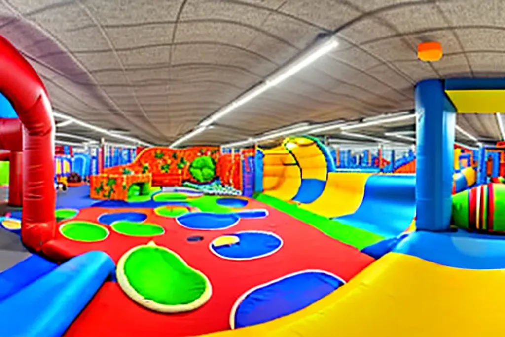 Prompt: a photo realistic picture, backrooms level, infinite play area ,  bouncy castle , tube slides,  soft play, play ground, childish, cute, colorful, liminal, nostalgic, open tunnel,  uninhabited, hyper realistic, 8k,  basement, high definition, abstract expressionism, parallax, dribble, panoramic, panoramic,