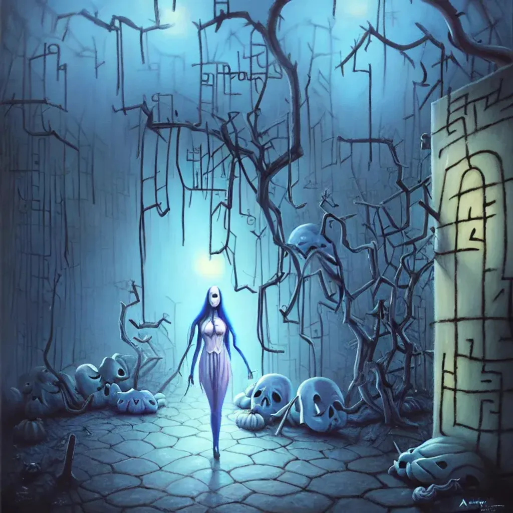 Prompt: An expressive surrealism oil painting of a ghost in a cosplay costume lost in a maze. 
spooky, foggy atmosphere. Scary. Haunted. Bokeh. Concept art. Highly detailed, expressive surrealistic oilpainting, colorful, digital art, digital airbrush, 8K.  Clear Detailed sharp Cartoon anime manga cover by Anna Dittmann, tim Burton, Gil Elvgren, Tom Bagshaw, Elsa Beskow, Hayao Miyazaki.