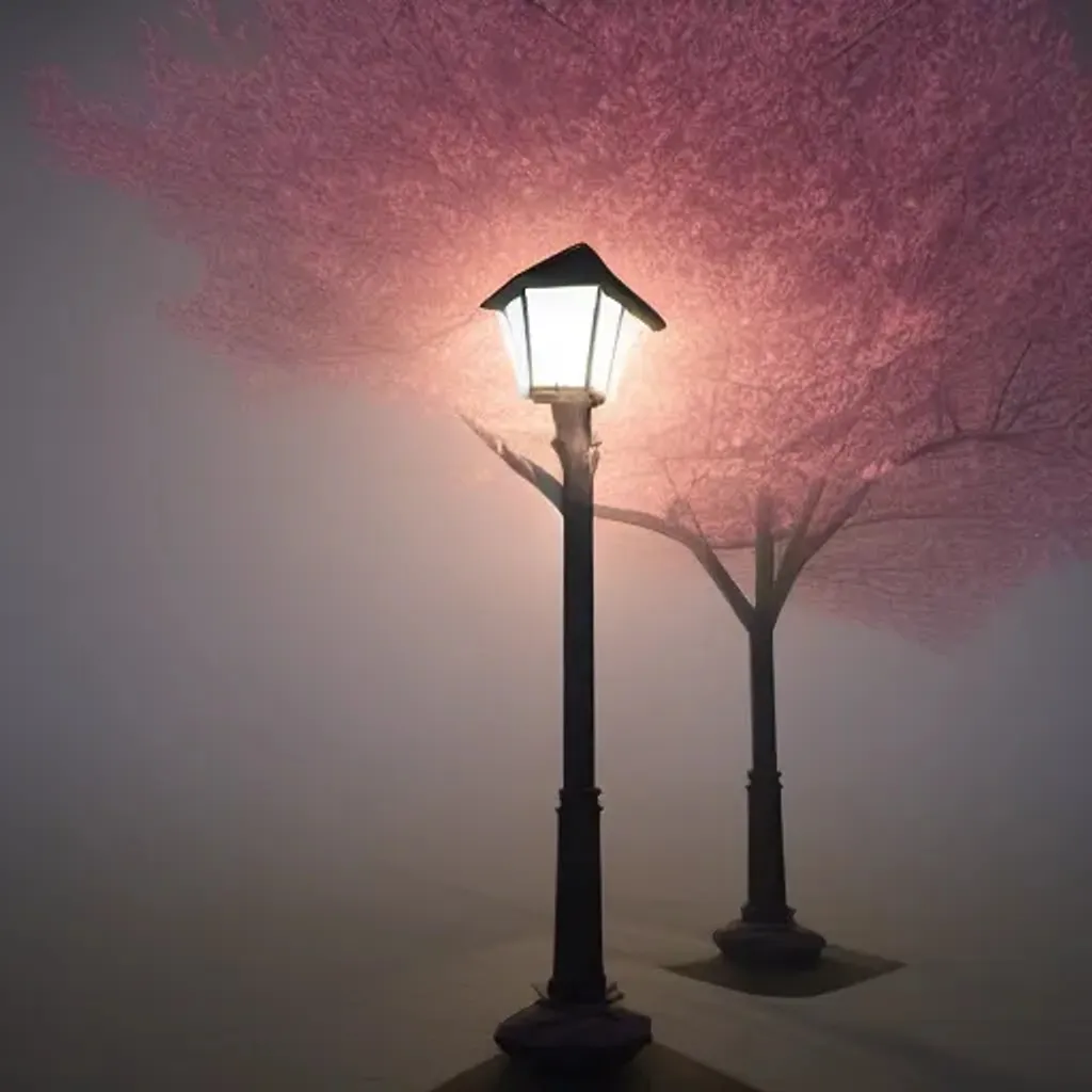 Prompt: low poly cherry blossom tree in the fog at night, with street lamp, soft colors