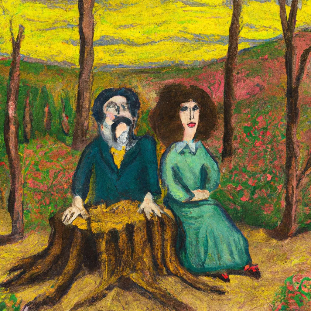 Prompt: An old married couple sitting on tree stumps in the forest, fauvism, Wiliam-August Bouguereau, Gustave Corbet, Bob Ross, Thrift store style