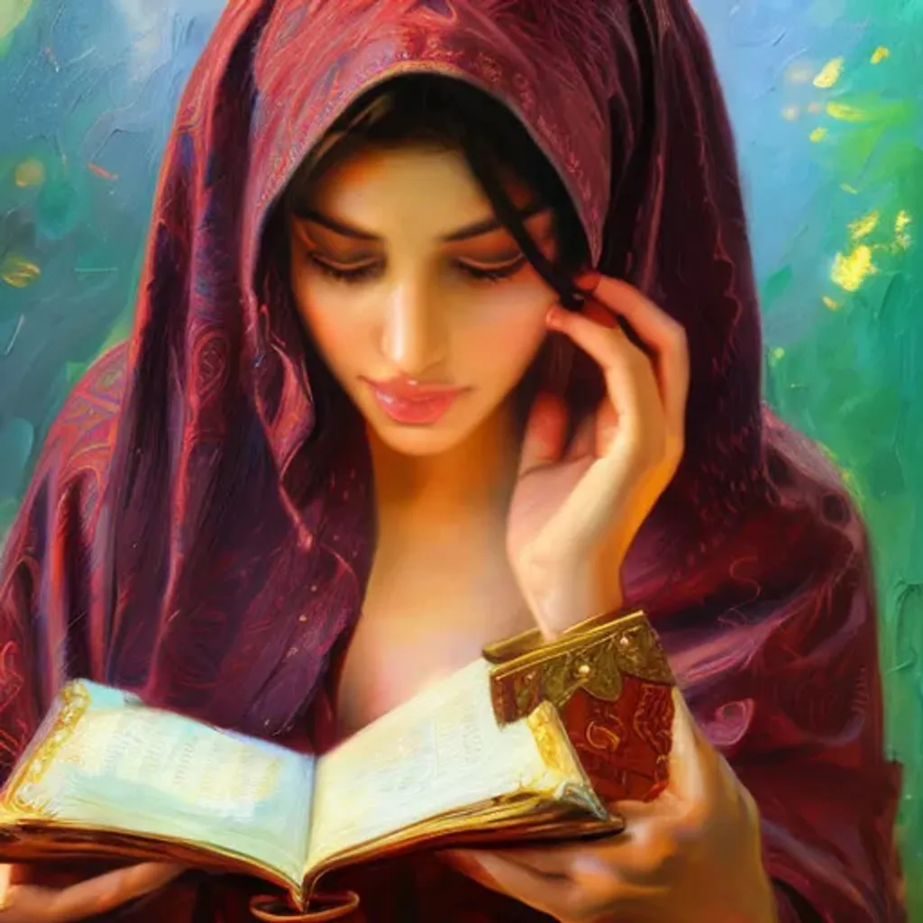 Prompt: A portrait of arabic gorgeous girl reading quran, face fully covered, ultrawide angle, uhybrid oil painting, unreal engine, rpg portrait, extremely detailed, artgerm, greg rutkowski, alphonse mucha, vladimir volegov, adolphe bouguereaum