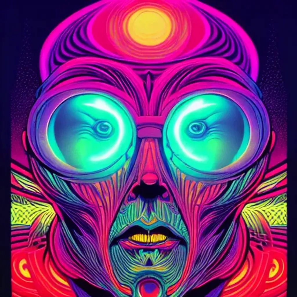 Prompt: Hypnotic illustration of  hypnotic psychedelic art by Dan Mumford, Jamie McKelvie, Don Bluth, pop surrealism, dark glow neon paint, mystical, Behance