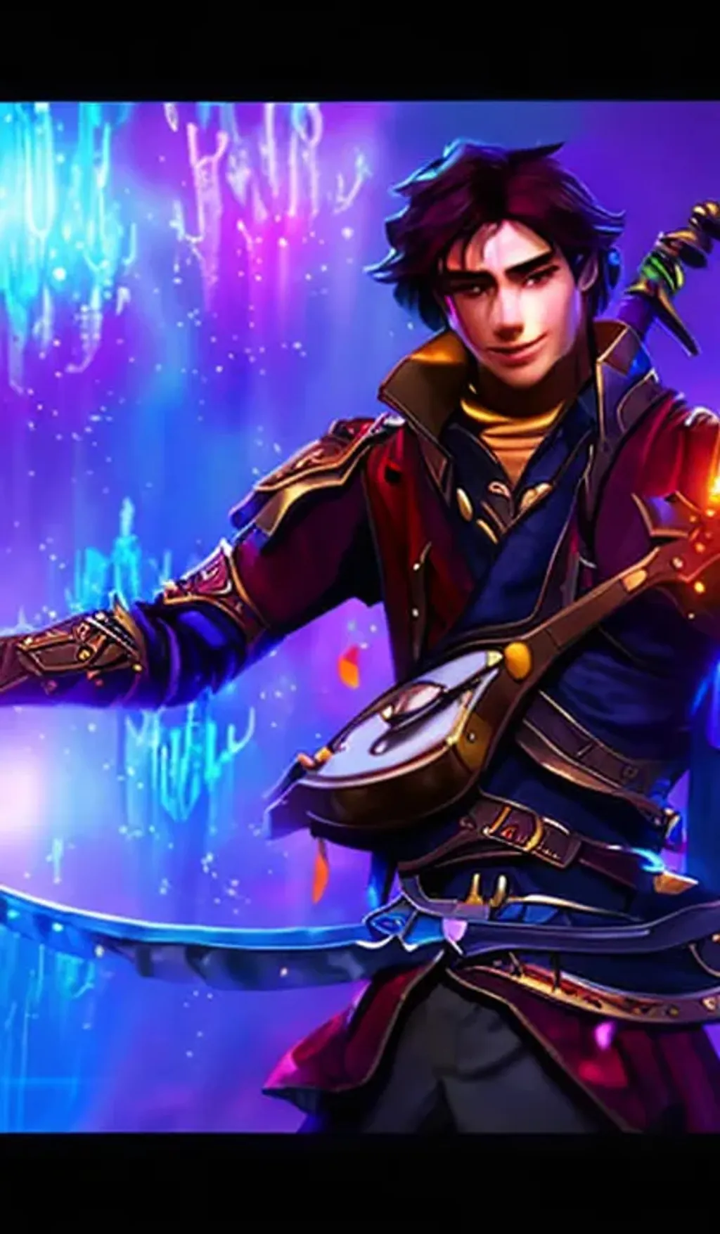 Prompt: smirking young handsome male bard with different colored eyes, trending on arstation, dnd bard portrait, close up, splash art, unreal engine, hdr, vivid colors