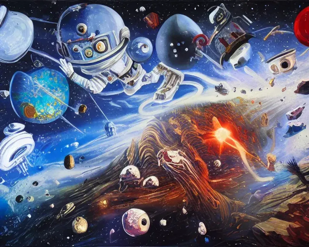 Prompt: Epic wide angle view of outer space, Stars, Asteroids, UFO, Saturn, fractal elements, masterpiece, in the style of Assassin's Creed, by Jeff Koons, Acrylic Paint, 3D, Multiverse, Accent Lighting