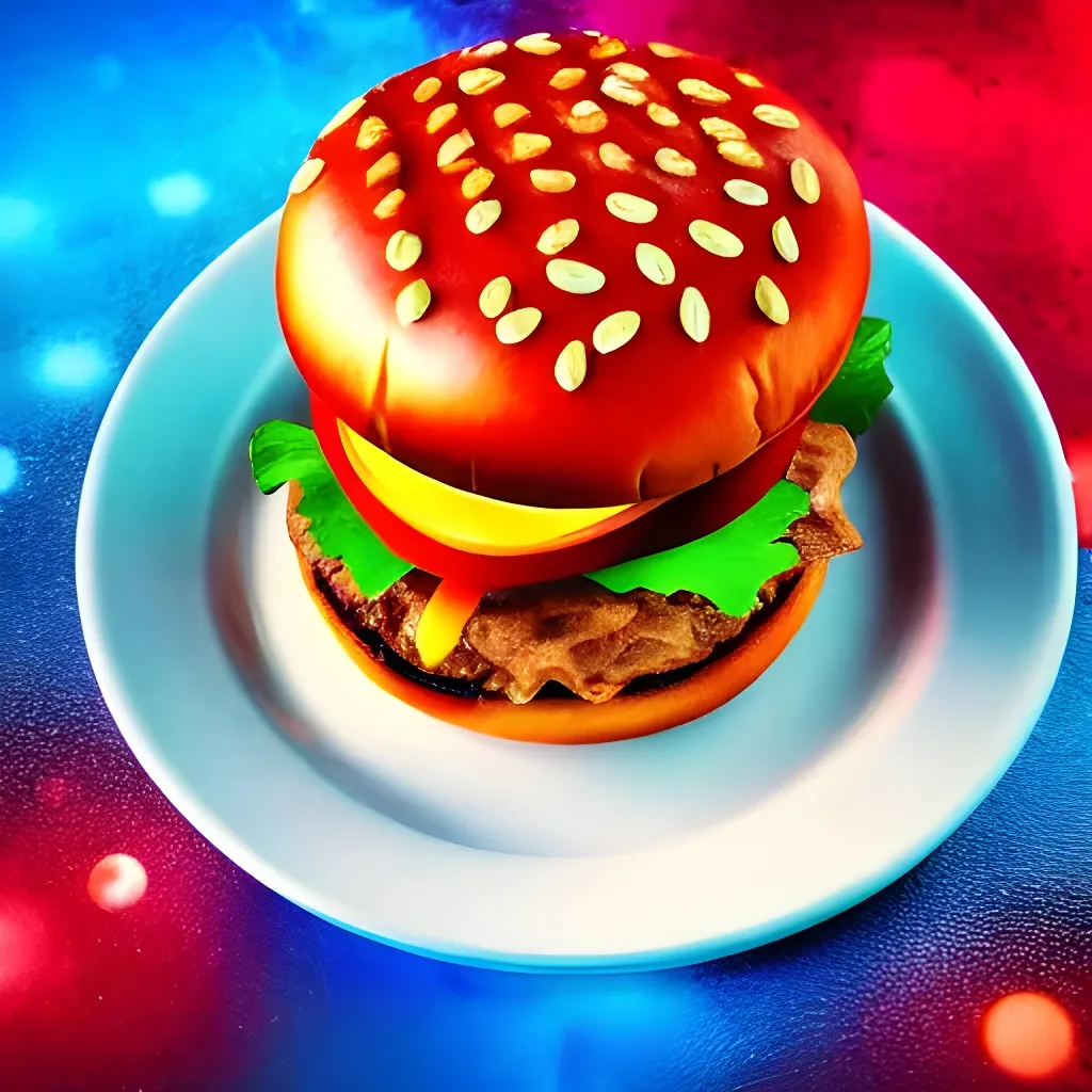 Prompt: a cute delicious hamburger being served in a magical plate, highly detailed, vivid colors, advertisement, HDR, 64k
