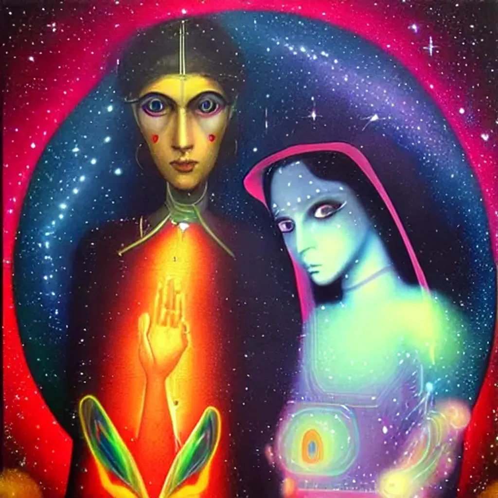 Prompt: saint germain and 🛸🌈👩🏾 krishna, futuristic iridescent clothing, wormhole, nebula, black hole, aries constellation, multiverse, neon god of city character portrait, in the style of margaret keane, moebius, tom bagshaw, and waterhouse, cinematic lighting, beautiful, elegant, oil painting,