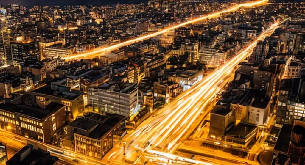 Prompt: Areal view of a big city at night, long exposure.