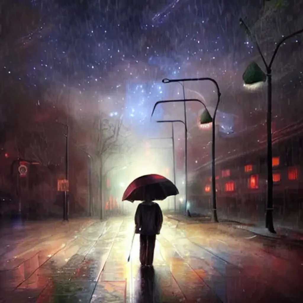 Prompt: He stands alone in the rain under the stars in the street, hyperrealistic, highly detailed digital painting, beautiful, space, deep color, emotional, sadness, dramatic lighting, long shot, extremely detailed, full-color, full HD, 8k