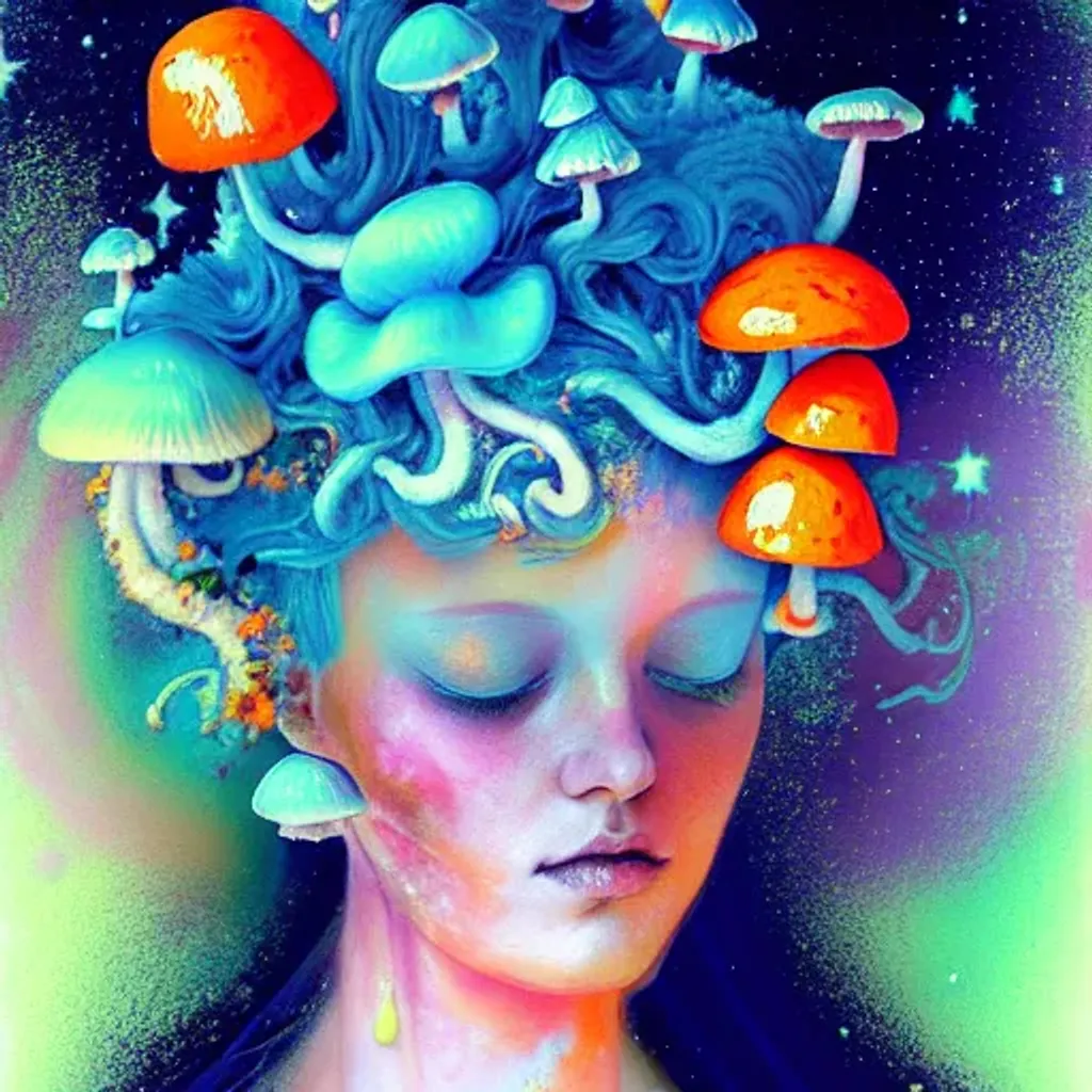Prompt: Orange Rococo pastel portrait by Ryan Hewett, Beautiful witch with mushrooms growing out of her hair, hq, fungi, celestial, moon, galaxy, stars, victo ngai 