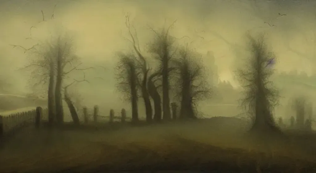 Prompt: A spooky landscape with lots of ghosts