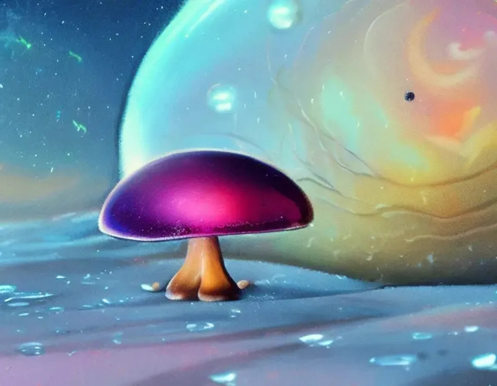 Prompt: Oil painting of a cosy vintage tiny cute fungi, dream, staring at the stars on an icy planet, joy, octane render by weta digital, exotic colorful pastel, ray traced lighting and reflections by Yoji shinkawa
  
  