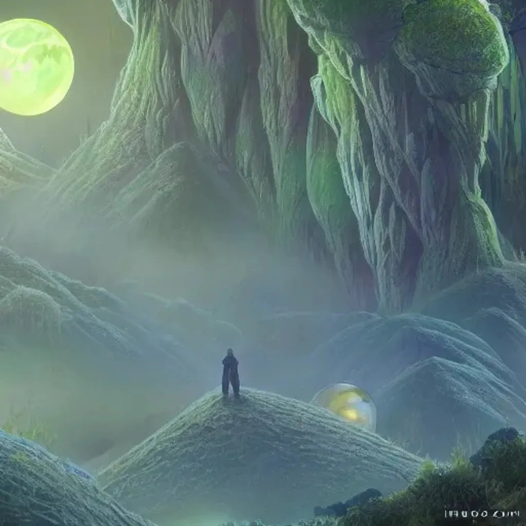 Prompt: Iridescent alien forest, mountain in the background, three moons, hyper detailed, digital art, video game