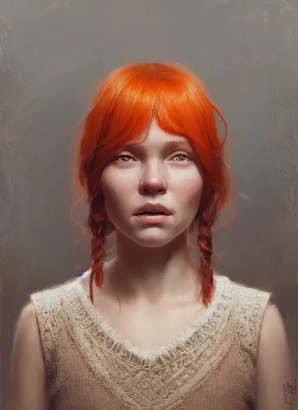 Prompt: Portrait of girl with orange hair and with cute face, cozy log cabin interior, perfect composition, hyperrealistic, super detailed, 8k, high quality, trending art, trending on artstation, sharp focus, studio photo, intricate details, highly detailed, by greg rutkowski