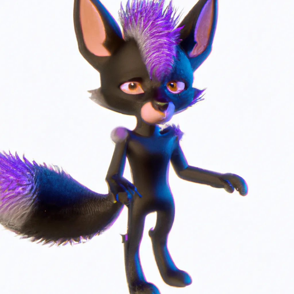 Prompt: Character bipedal anthropomorphic black fur fox boy with two purple thin lines run over his chest and body, on his head he has a stylized purple mohawk, subtle glitter, subtle sparkle, unreal, blender render 