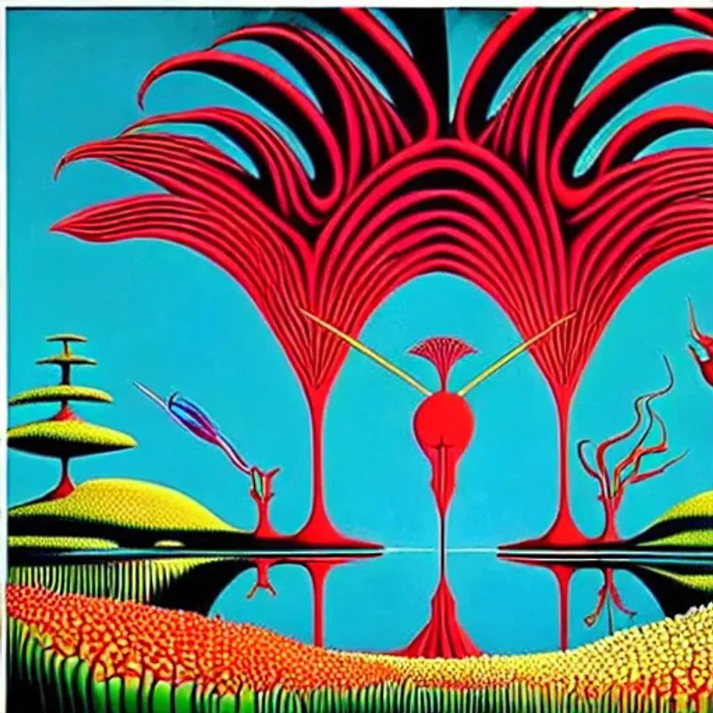 Prompt: House of the hopefulness, 
House of the loneliness, impressive surrealist painting by Tim Burton and Sho Murase and eyvind earle. Floral explosion. Rich fauna. Organic biopunk. Dystopian wasteland. Food advertisements.