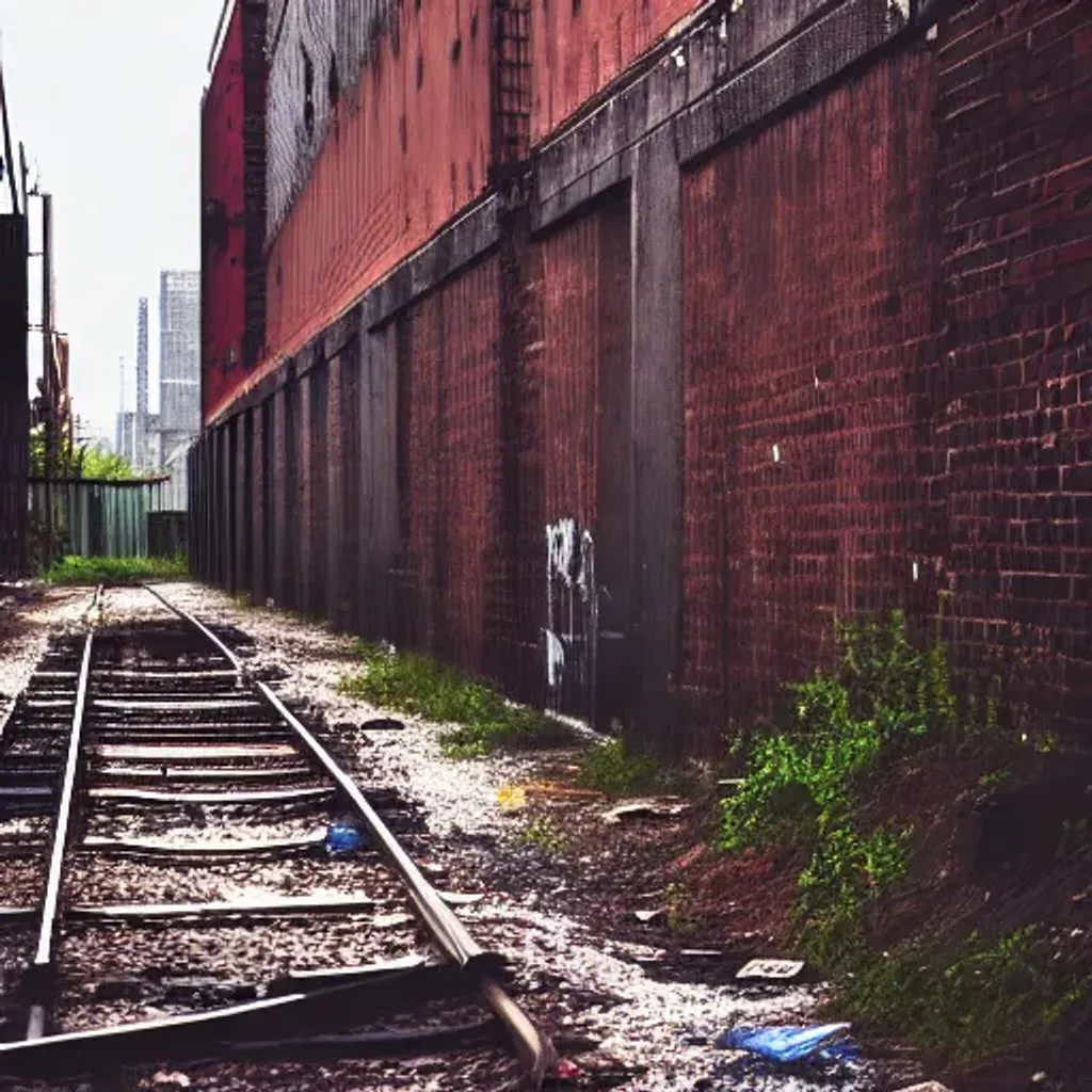 Prompt: abandoned railway in city alley, concrete ground with garbage, brick buildings, low light