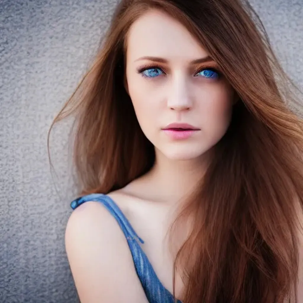 Prompt: photo realistic portrait of {young woman, brown hair, dark, realistic blue eyes}, centered in frame, facing camera, symmetrical face, ideal human, 85mm lens,f8, photography, ultra details, natural light, light background, photo