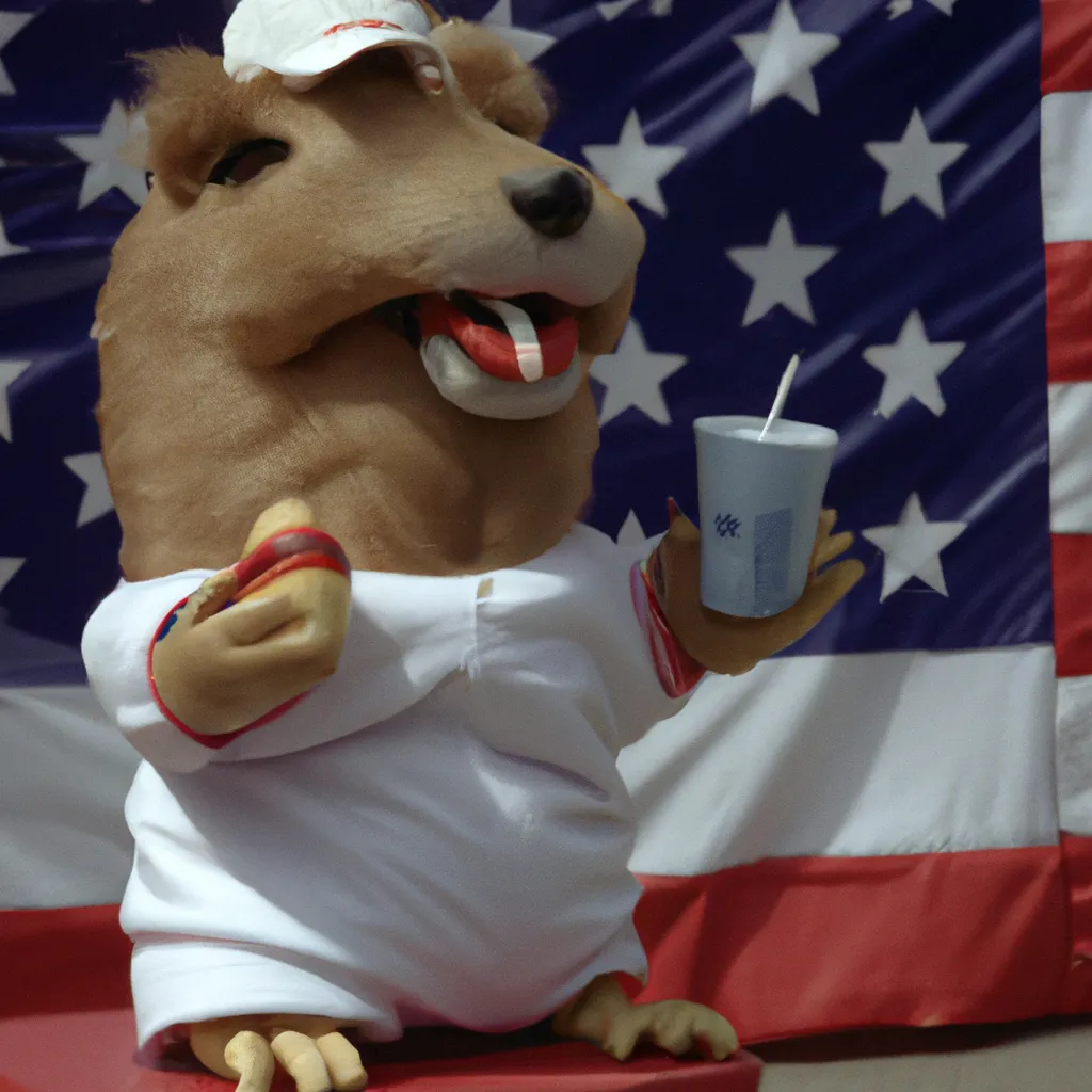 Prompt: A Mediam shot of an Inflatable Quokka campaigning for President of the United States while eating a hotdog